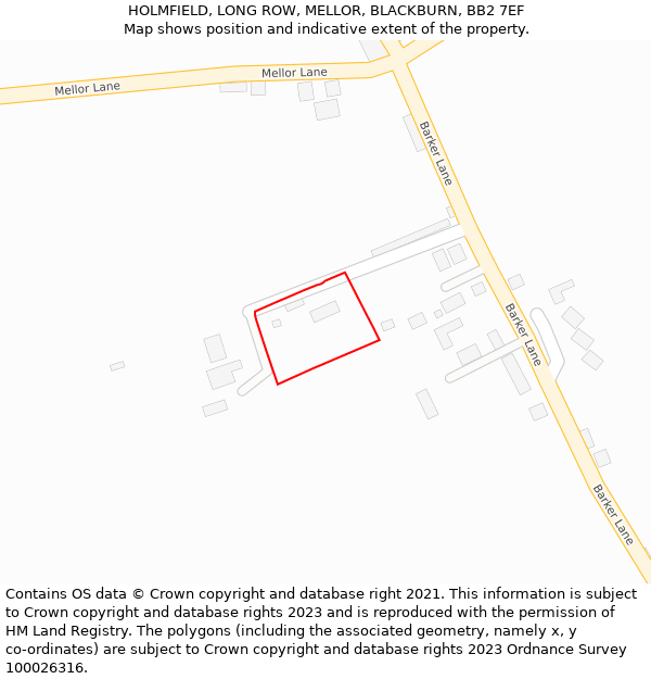 HOLMFIELD, LONG ROW, MELLOR, BLACKBURN, BB2 7EF: Location map and indicative extent of plot
