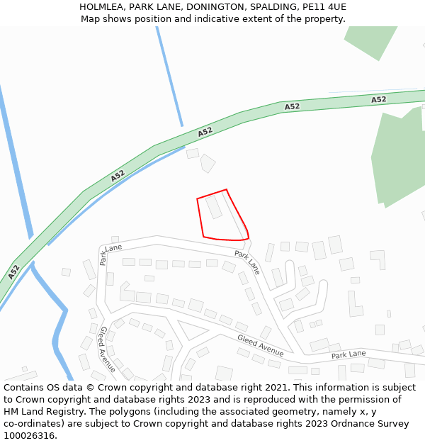 HOLMLEA, PARK LANE, DONINGTON, SPALDING, PE11 4UE: Location map and indicative extent of plot