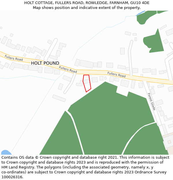 HOLT COTTAGE, FULLERS ROAD, ROWLEDGE, FARNHAM, GU10 4DE: Location map and indicative extent of plot