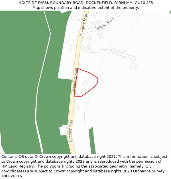 HOLTSIDE FARM, BOUNDARY ROAD, DOCKENFIELD, FARNHAM, GU10 4ES: Location map and indicative extent of plot