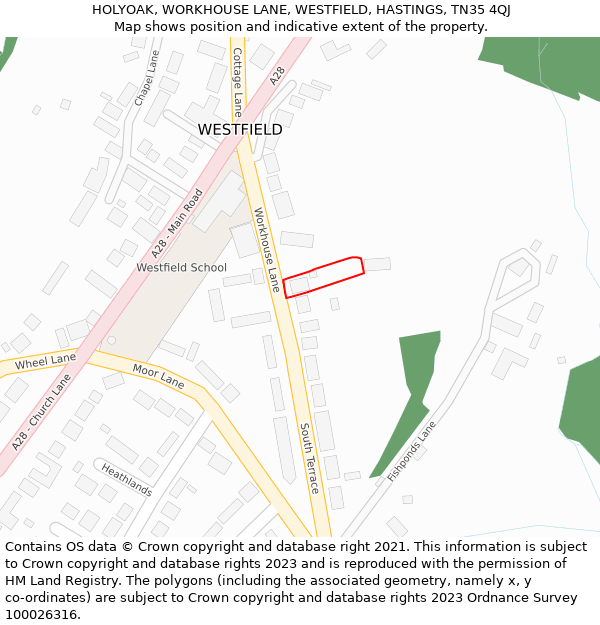 HOLYOAK, WORKHOUSE LANE, WESTFIELD, HASTINGS, TN35 4QJ: Location map and indicative extent of plot