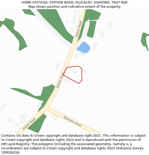 HOME COTTAGE, STATION ROAD, PLUCKLEY, ASHFORD, TN27 0QX: Location map and indicative extent of plot