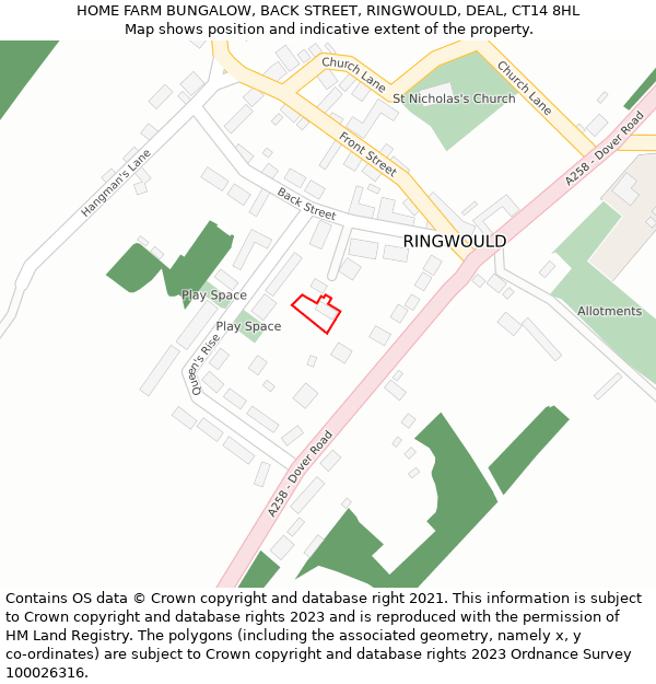 HOME FARM BUNGALOW, BACK STREET, RINGWOULD, DEAL, CT14 8HL: Location map and indicative extent of plot