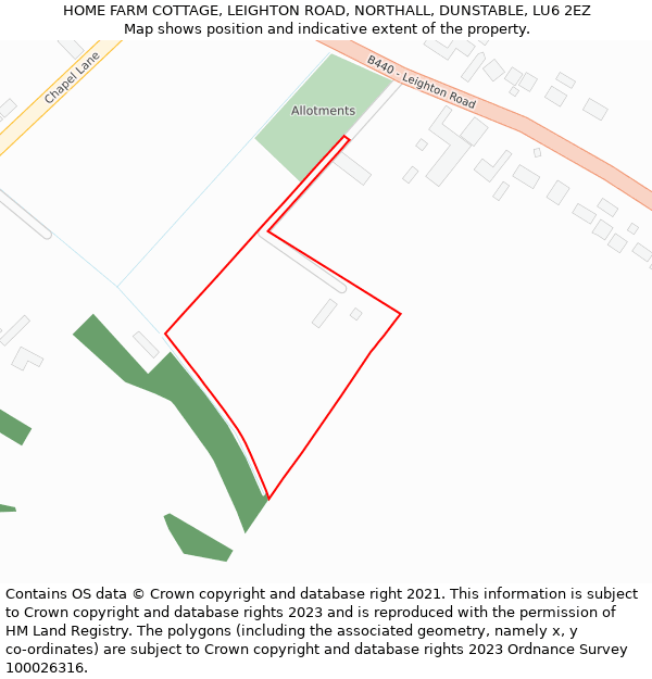 HOME FARM COTTAGE, LEIGHTON ROAD, NORTHALL, DUNSTABLE, LU6 2EZ: Location map and indicative extent of plot
