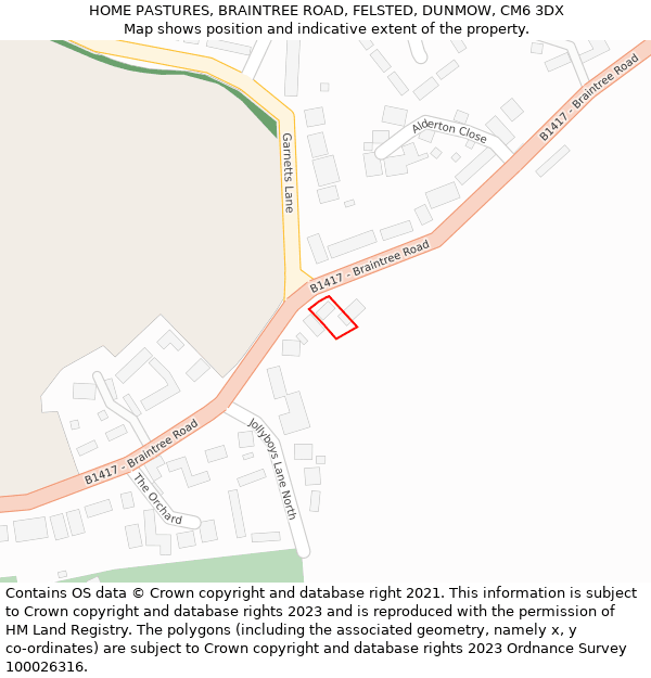HOME PASTURES, BRAINTREE ROAD, FELSTED, DUNMOW, CM6 3DX: Location map and indicative extent of plot