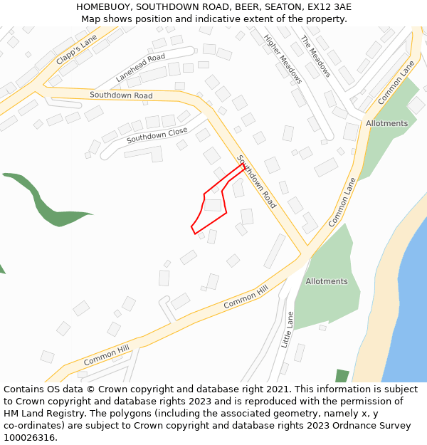 HOMEBUOY, SOUTHDOWN ROAD, BEER, SEATON, EX12 3AE: Location map and indicative extent of plot