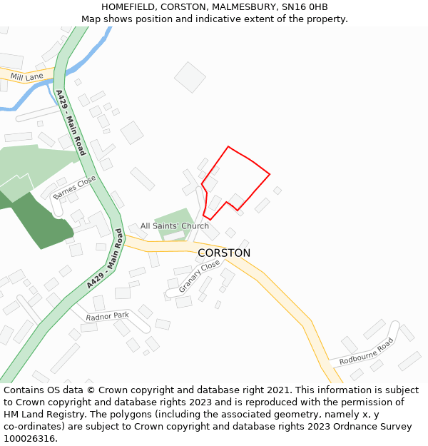 HOMEFIELD, CORSTON, MALMESBURY, SN16 0HB: Location map and indicative extent of plot