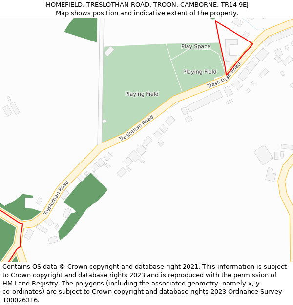HOMEFIELD, TRESLOTHAN ROAD, TROON, CAMBORNE, TR14 9EJ: Location map and indicative extent of plot