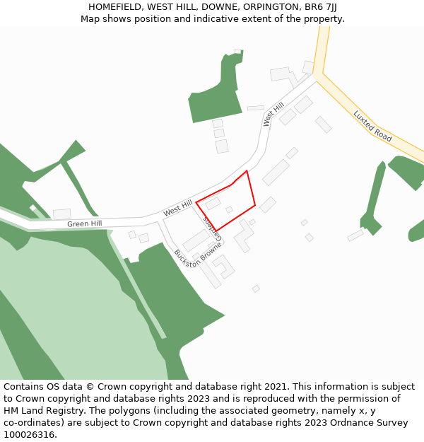 HOMEFIELD, WEST HILL, DOWNE, ORPINGTON, BR6 7JJ: Location map and indicative extent of plot