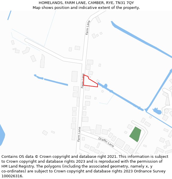 HOMELANDS, FARM LANE, CAMBER, RYE, TN31 7QY: Location map and indicative extent of plot