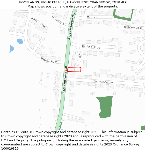 HOMELANDS, HIGHGATE HILL, HAWKHURST, CRANBROOK, TN18 4LP: Location map and indicative extent of plot