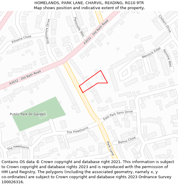 HOMELANDS, PARK LANE, CHARVIL, READING, RG10 9TR: Location map and indicative extent of plot