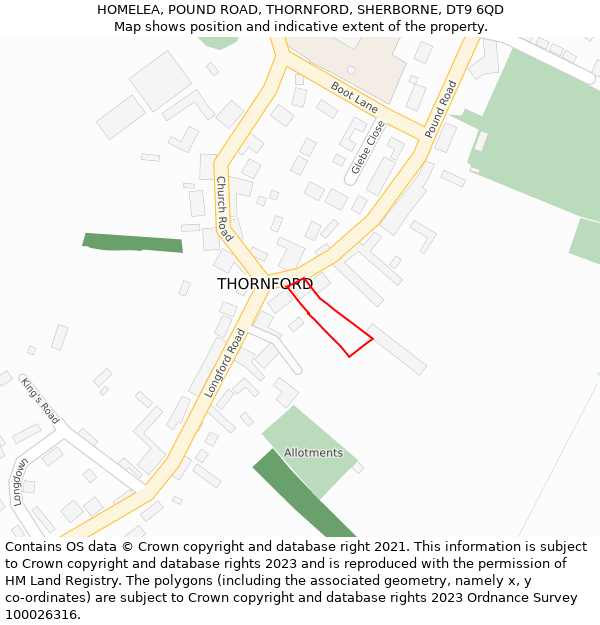 HOMELEA, POUND ROAD, THORNFORD, SHERBORNE, DT9 6QD: Location map and indicative extent of plot