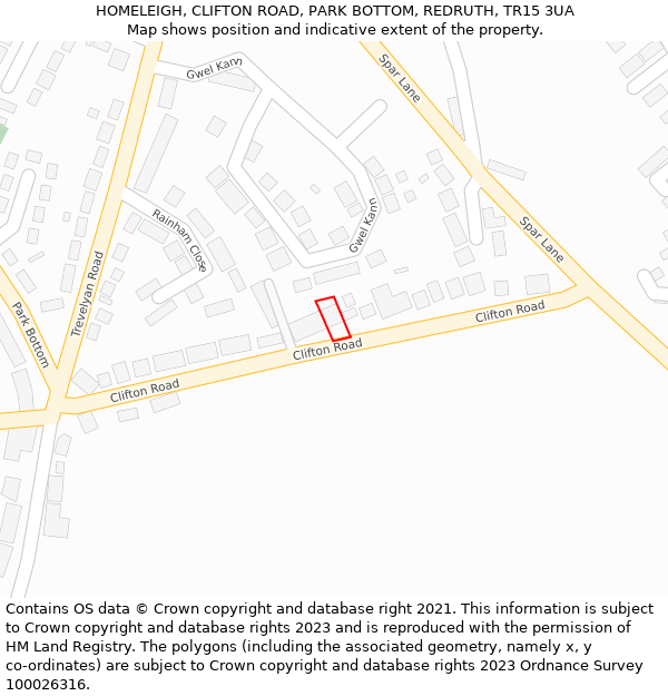 HOMELEIGH, CLIFTON ROAD, PARK BOTTOM, REDRUTH, TR15 3UA: Location map and indicative extent of plot