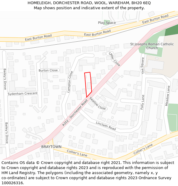 HOMELEIGH, DORCHESTER ROAD, WOOL, WAREHAM, BH20 6EQ: Location map and indicative extent of plot