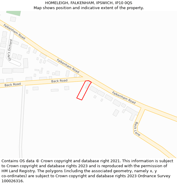 HOMELEIGH, FALKENHAM, IPSWICH, IP10 0QS: Location map and indicative extent of plot