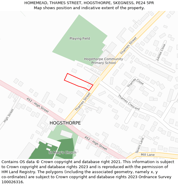 HOMEMEAD, THAMES STREET, HOGSTHORPE, SKEGNESS, PE24 5PR: Location map and indicative extent of plot