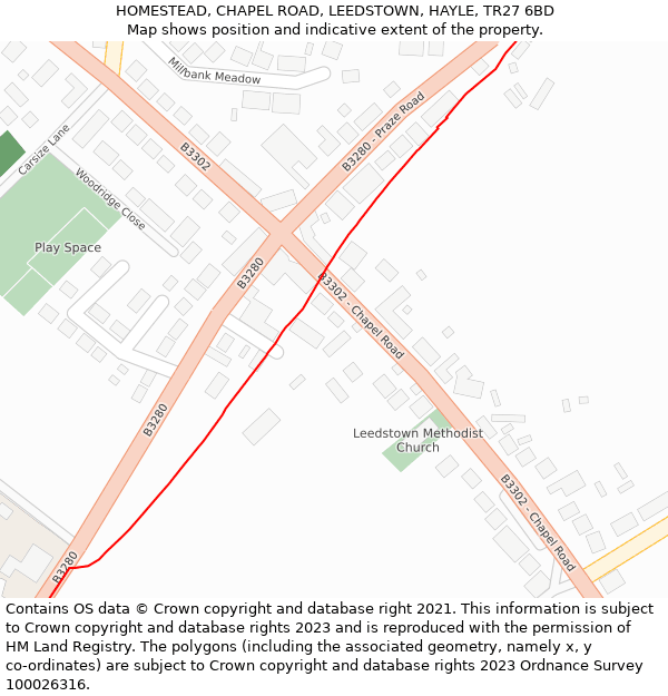 HOMESTEAD, CHAPEL ROAD, LEEDSTOWN, HAYLE, TR27 6BD: Location map and indicative extent of plot