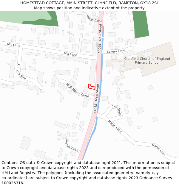 HOMESTEAD COTTAGE, MAIN STREET, CLANFIELD, BAMPTON, OX18 2SH: Location map and indicative extent of plot