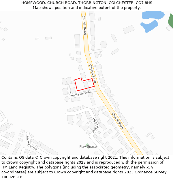 HOMEWOOD, CHURCH ROAD, THORRINGTON, COLCHESTER, CO7 8HS: Location map and indicative extent of plot