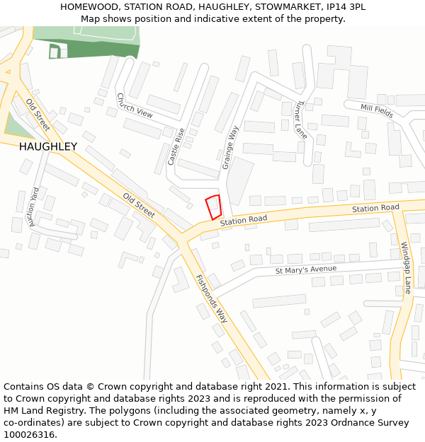 HOMEWOOD, STATION ROAD, HAUGHLEY, STOWMARKET, IP14 3PL: Location map and indicative extent of plot