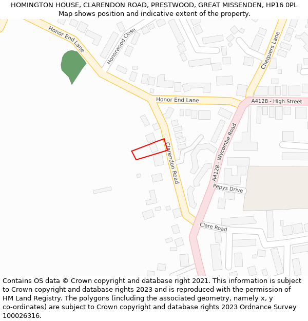 HOMINGTON HOUSE, CLARENDON ROAD, PRESTWOOD, GREAT MISSENDEN, HP16 0PL: Location map and indicative extent of plot