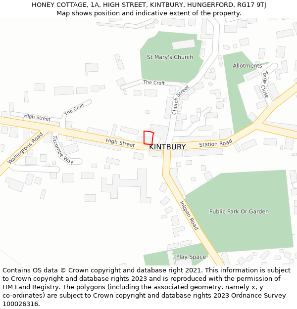 HONEY COTTAGE, 1A, HIGH STREET, KINTBURY, HUNGERFORD, RG17 9TJ: Location map and indicative extent of plot