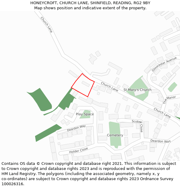 HONEYCROFT, CHURCH LANE, SHINFIELD, READING, RG2 9BY: Location map and indicative extent of plot