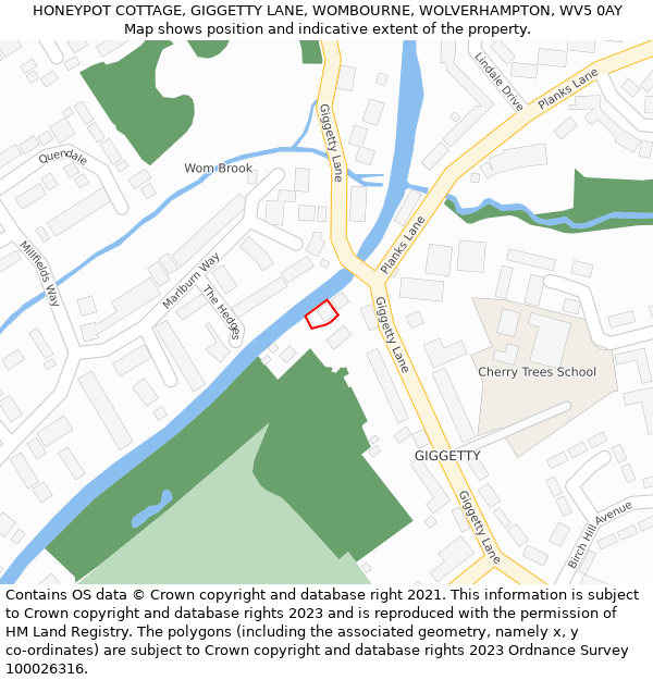 HONEYPOT COTTAGE, GIGGETTY LANE, WOMBOURNE, WOLVERHAMPTON, WV5 0AY: Location map and indicative extent of plot