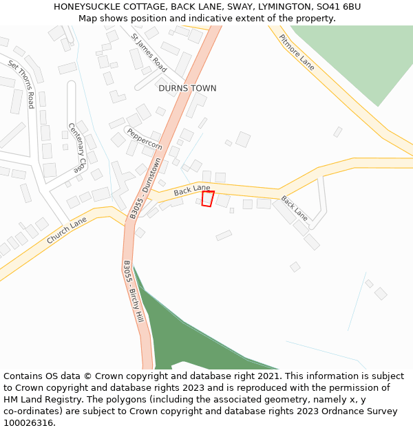 HONEYSUCKLE COTTAGE, BACK LANE, SWAY, LYMINGTON, SO41 6BU: Location map and indicative extent of plot