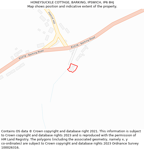 HONEYSUCKLE COTTAGE, BARKING, IPSWICH, IP6 8HJ: Location map and indicative extent of plot