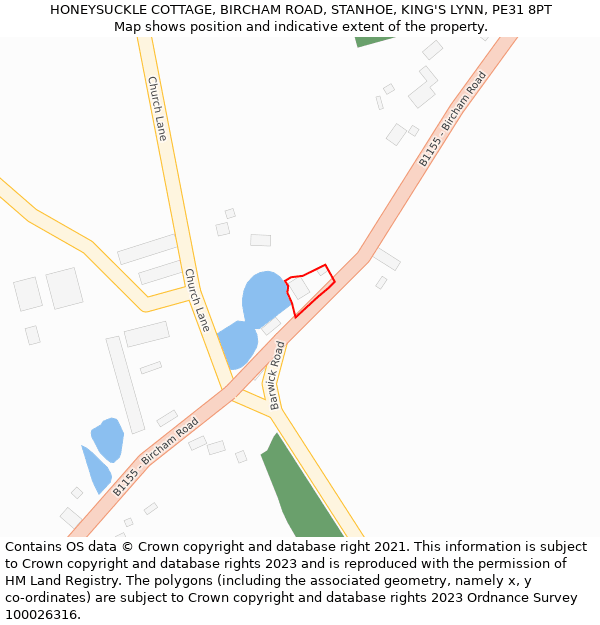 HONEYSUCKLE COTTAGE, BIRCHAM ROAD, STANHOE, KING'S LYNN, PE31 8PT: Location map and indicative extent of plot