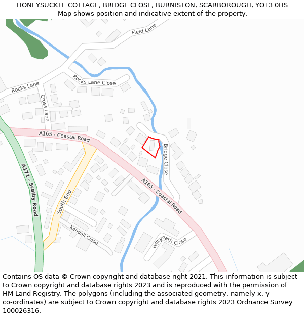 HONEYSUCKLE COTTAGE, BRIDGE CLOSE, BURNISTON, SCARBOROUGH, YO13 0HS: Location map and indicative extent of plot