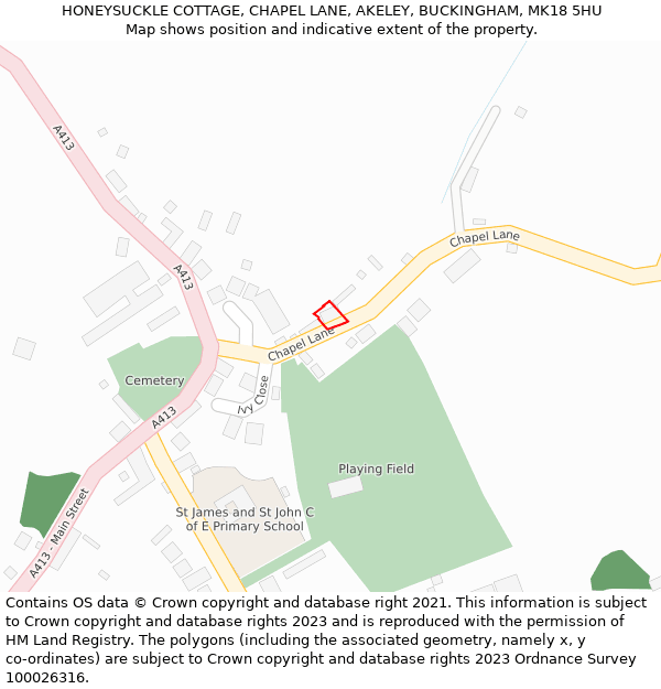 HONEYSUCKLE COTTAGE, CHAPEL LANE, AKELEY, BUCKINGHAM, MK18 5HU: Location map and indicative extent of plot