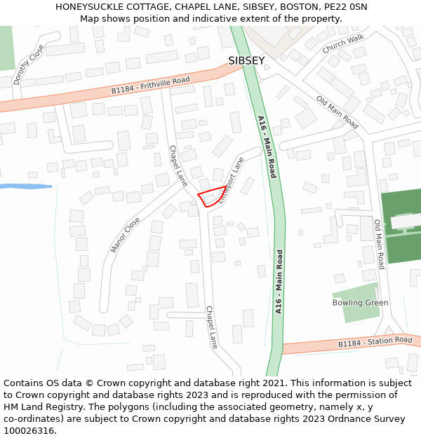 HONEYSUCKLE COTTAGE, CHAPEL LANE, SIBSEY, BOSTON, PE22 0SN: Location map and indicative extent of plot