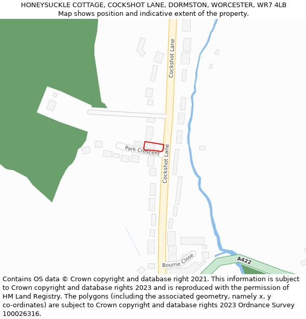 HONEYSUCKLE COTTAGE, COCKSHOT LANE, DORMSTON, WORCESTER, WR7 4LB: Location map and indicative extent of plot