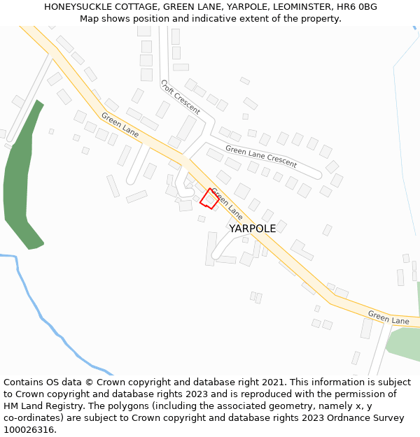 HONEYSUCKLE COTTAGE, GREEN LANE, YARPOLE, LEOMINSTER, HR6 0BG: Location map and indicative extent of plot