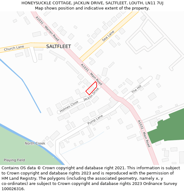 HONEYSUCKLE COTTAGE, JACKLIN DRIVE, SALTFLEET, LOUTH, LN11 7UJ: Location map and indicative extent of plot