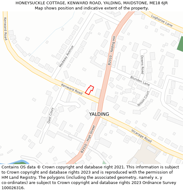 HONEYSUCKLE COTTAGE, KENWARD ROAD, YALDING, MAIDSTONE, ME18 6JR: Location map and indicative extent of plot