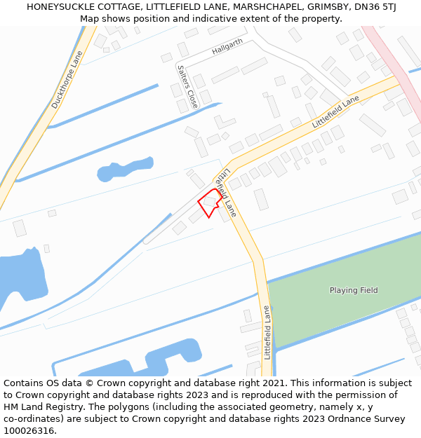 HONEYSUCKLE COTTAGE, LITTLEFIELD LANE, MARSHCHAPEL, GRIMSBY, DN36 5TJ: Location map and indicative extent of plot