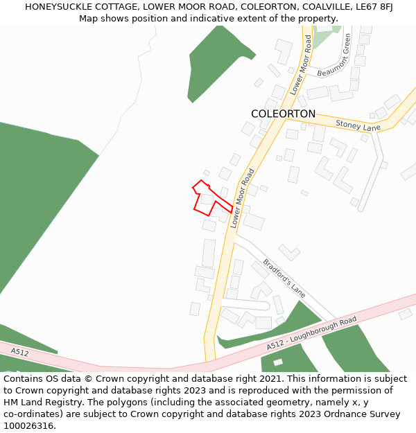 HONEYSUCKLE COTTAGE, LOWER MOOR ROAD, COLEORTON, COALVILLE, LE67 8FJ: Location map and indicative extent of plot