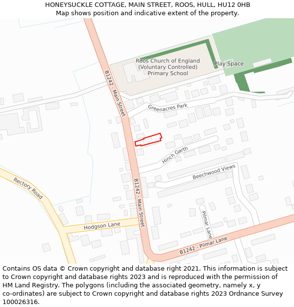 HONEYSUCKLE COTTAGE, MAIN STREET, ROOS, HULL, HU12 0HB: Location map and indicative extent of plot
