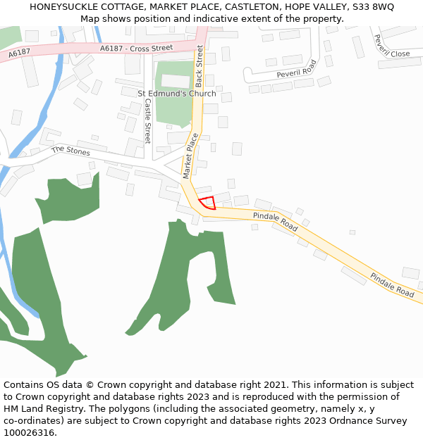 HONEYSUCKLE COTTAGE, MARKET PLACE, CASTLETON, HOPE VALLEY, S33 8WQ: Location map and indicative extent of plot