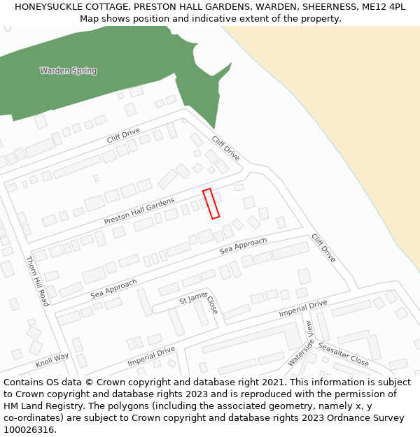 HONEYSUCKLE COTTAGE, PRESTON HALL GARDENS, WARDEN, SHEERNESS, ME12 4PL: Location map and indicative extent of plot