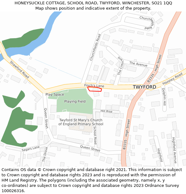 HONEYSUCKLE COTTAGE, SCHOOL ROAD, TWYFORD, WINCHESTER, SO21 1QQ: Location map and indicative extent of plot