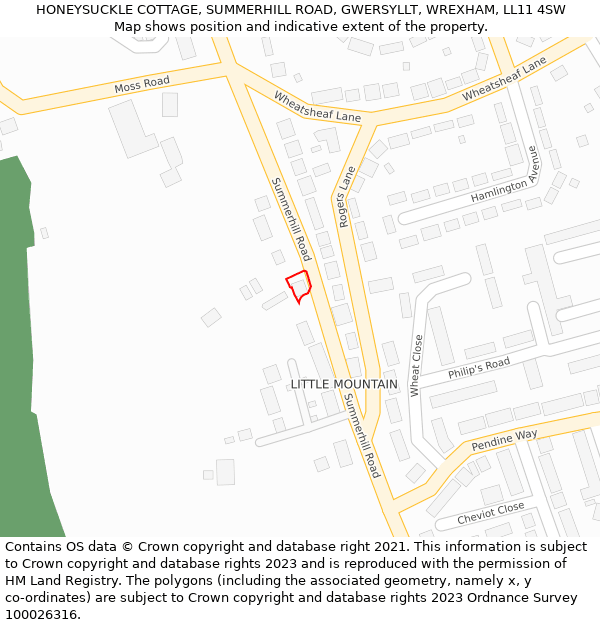 HONEYSUCKLE COTTAGE, SUMMERHILL ROAD, GWERSYLLT, WREXHAM, LL11 4SW: Location map and indicative extent of plot