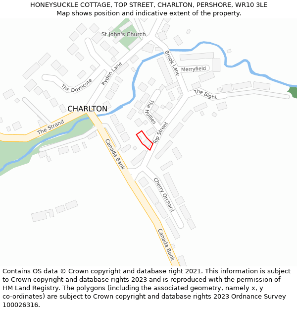 HONEYSUCKLE COTTAGE, TOP STREET, CHARLTON, PERSHORE, WR10 3LE: Location map and indicative extent of plot