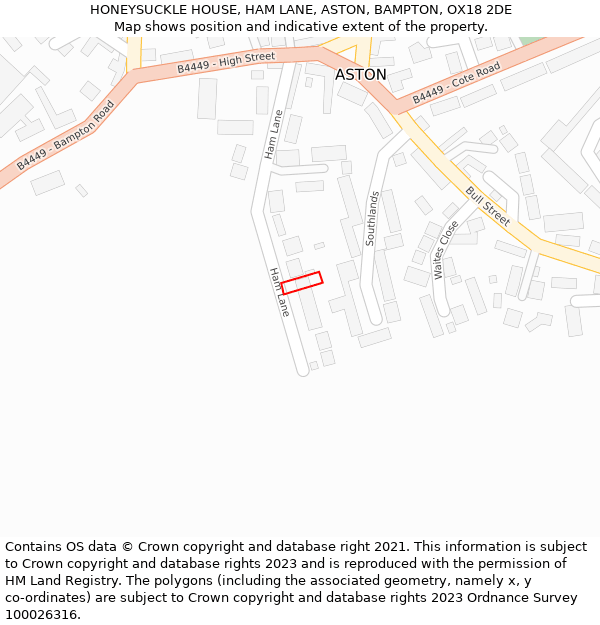 HONEYSUCKLE HOUSE, HAM LANE, ASTON, BAMPTON, OX18 2DE: Location map and indicative extent of plot