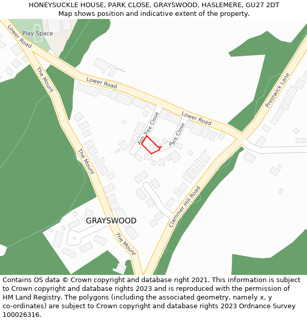 HONEYSUCKLE HOUSE, PARK CLOSE, GRAYSWOOD, HASLEMERE, GU27 2DT: Location map and indicative extent of plot