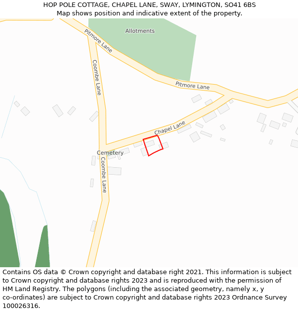 HOP POLE COTTAGE, CHAPEL LANE, SWAY, LYMINGTON, SO41 6BS: Location map and indicative extent of plot